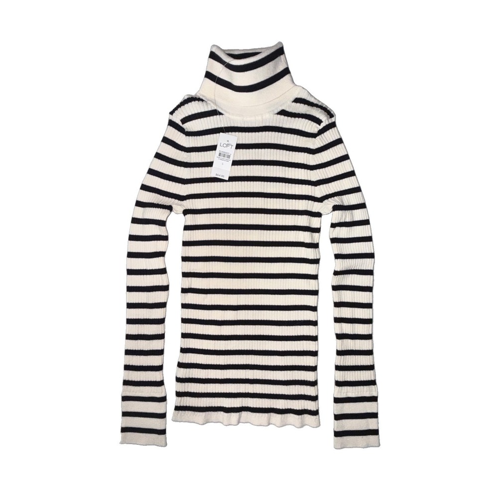 LOFT Women's Ivory/Black Striped Rib-Knit Turtleneck Pullover Sweater Size S NWT